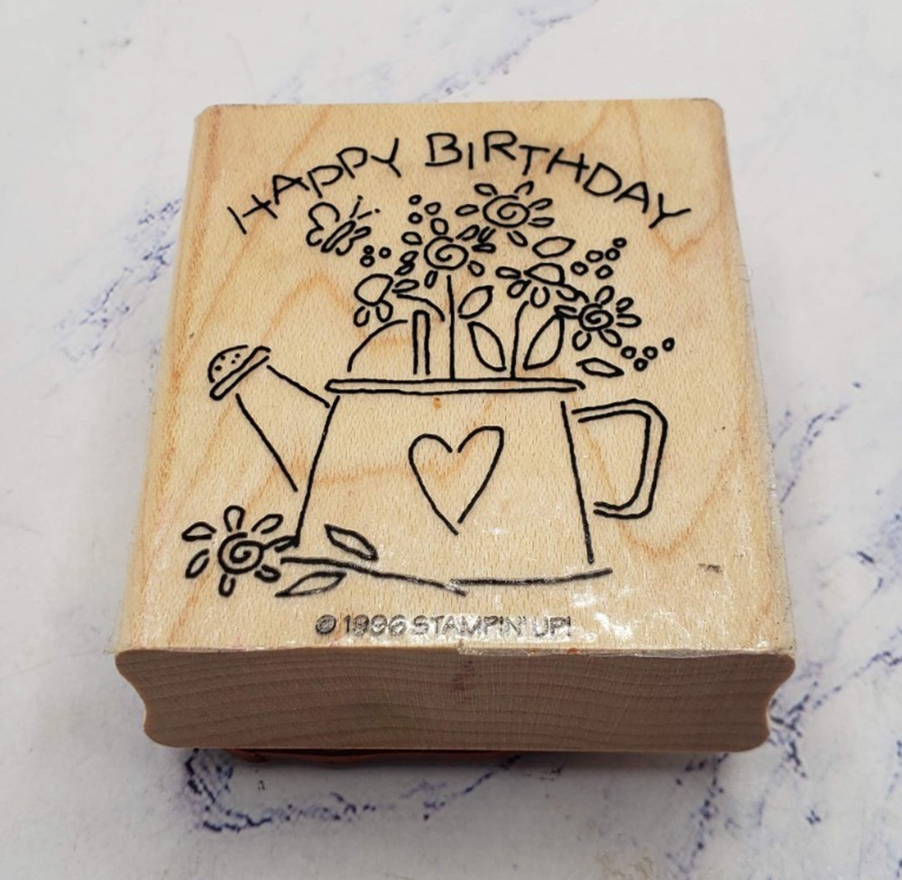 Stampin Up! Happy Birthday Floral Heart Watering Can Wood Mounted Rubber Stamp